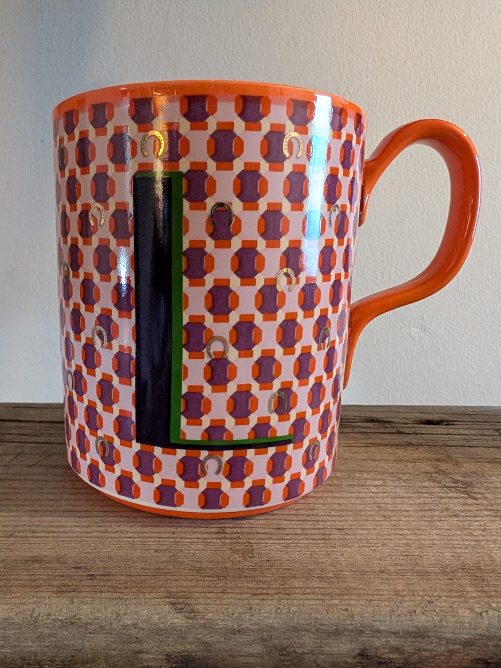 Anthropologie Orange and Purple Geometric 'L' Ceramic Mug